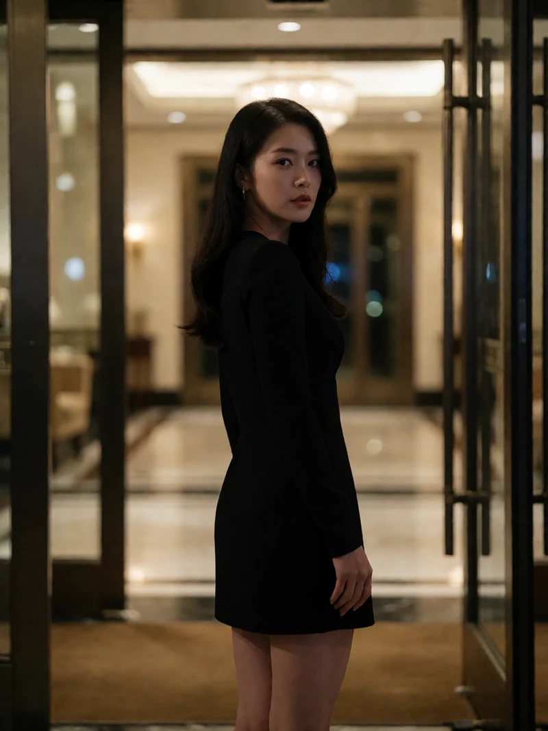 虚构成年女性穿黑色短裙站在酒店大堂门口回头