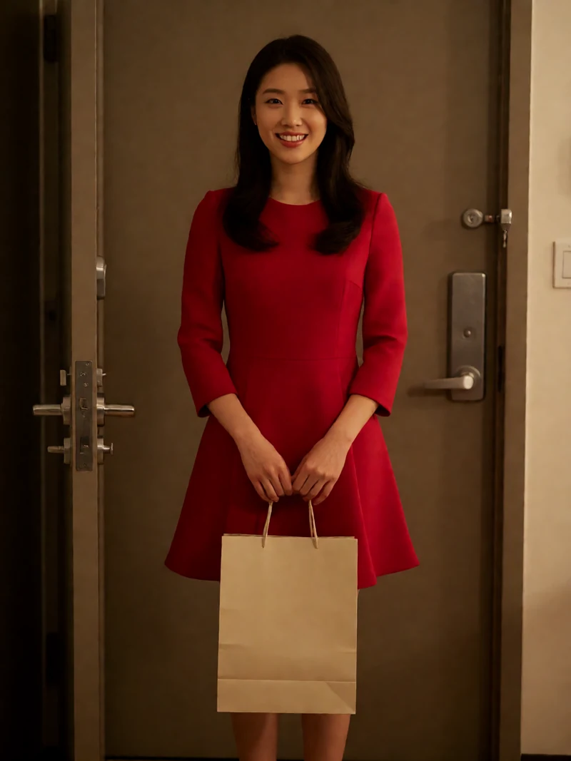 虚构成年女性穿樱桃红短裙站在公寓玄关手提纸袋