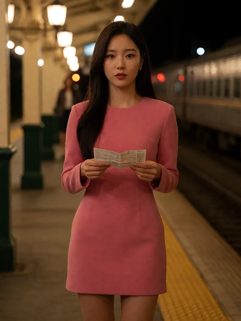 虚构成年女性穿粉色短裙双手拿着车票站在夜间车站月台