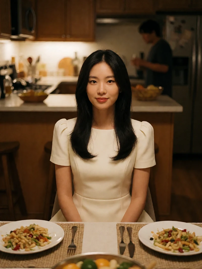 虚构成年女性穿白色短裙坐在餐桌边,厨房里有成年室友